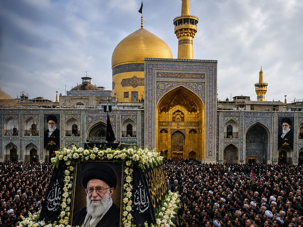 Mourners gather at the Imam Reza shrine in Mashhad for Ali Khamenei's funeral ceremony, July 2026. Source: TheSundayGuardian