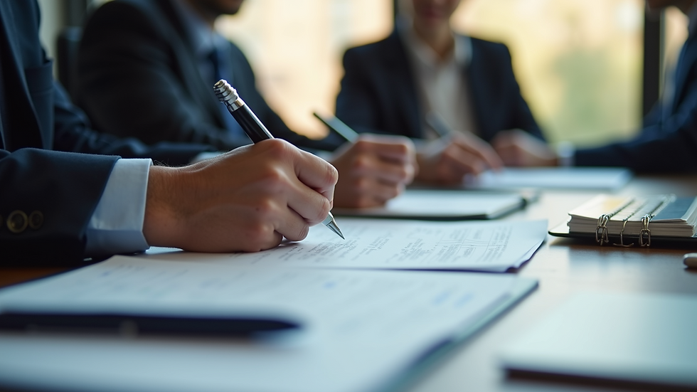 Eye-level view of a business meeting with a consultant discussing tax documents