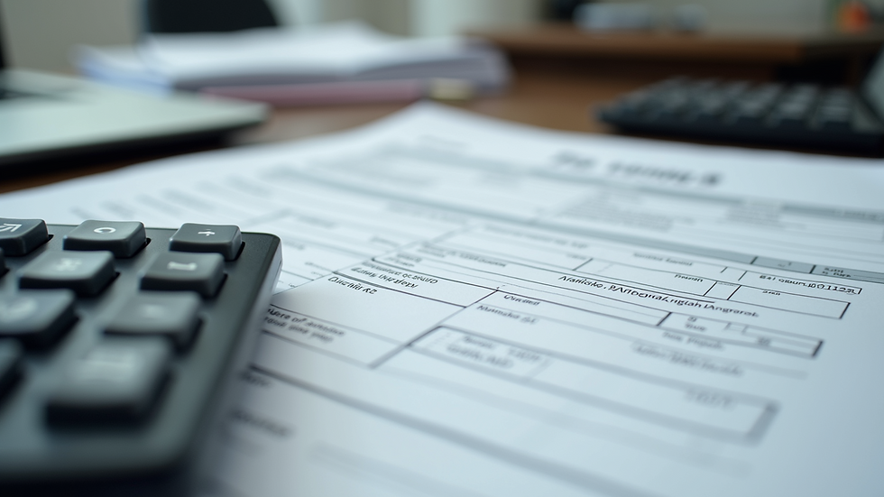 Close-up view of a calculator and tax forms on a desk