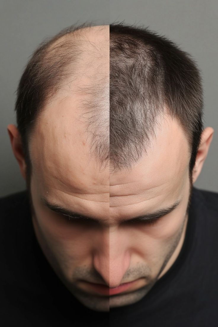 Man with balding patches on the left side and full hair on the right, showing uneven hair loss.