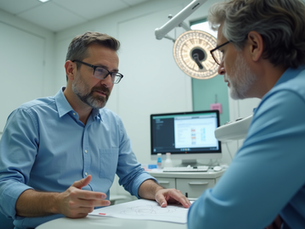 Dentist conversing with patient
