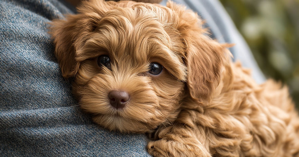 a puppy relaxing in their owners arms