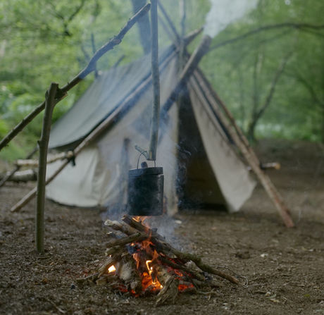 Campfire in the woods next to a tent