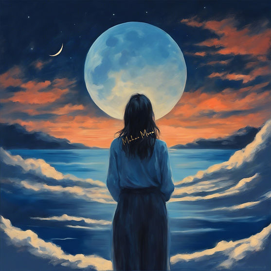 Woman looking at the Moon in the distance in the center of the deep blue sky_edited_edited