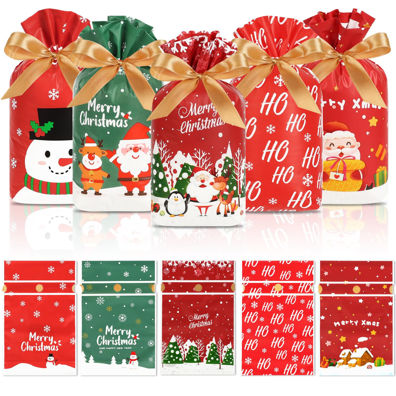 HRX Package 50pcs Christmas Treat Bags Drawstring 5.8x9x2.4inch Holiday Goodie B