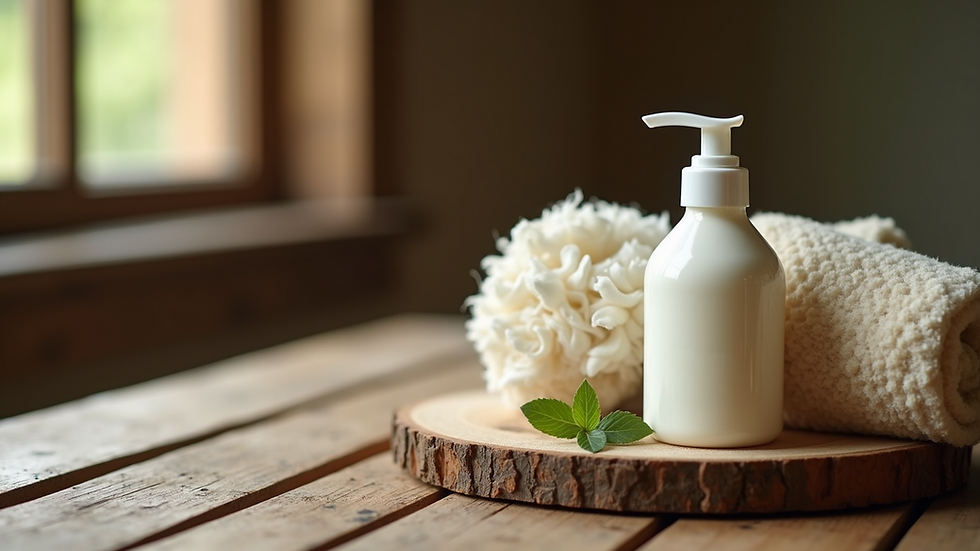 Eye-level view of a rustic wooden table with natural goat milk lotion and fresh goat milk