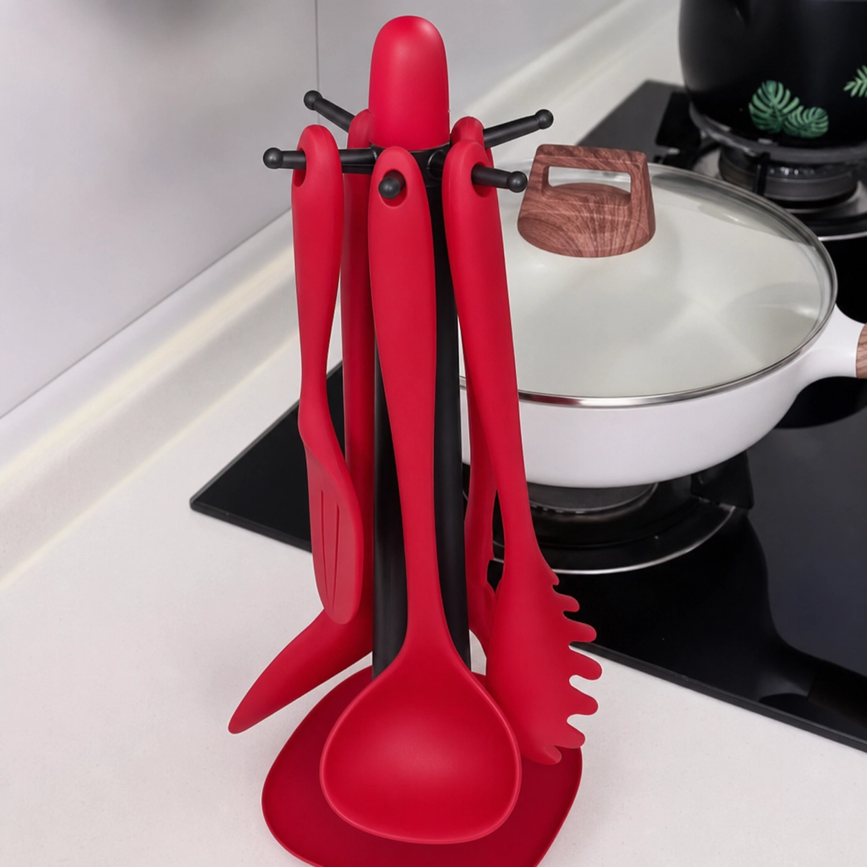 Rotating Utensil Holder Stand With Non-Slip Drip Base