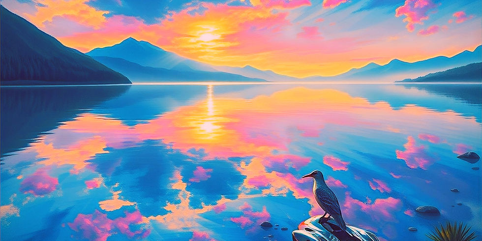 could you create a 1920px wide, 217px high painting style, dreamingly beautiful lake, wher