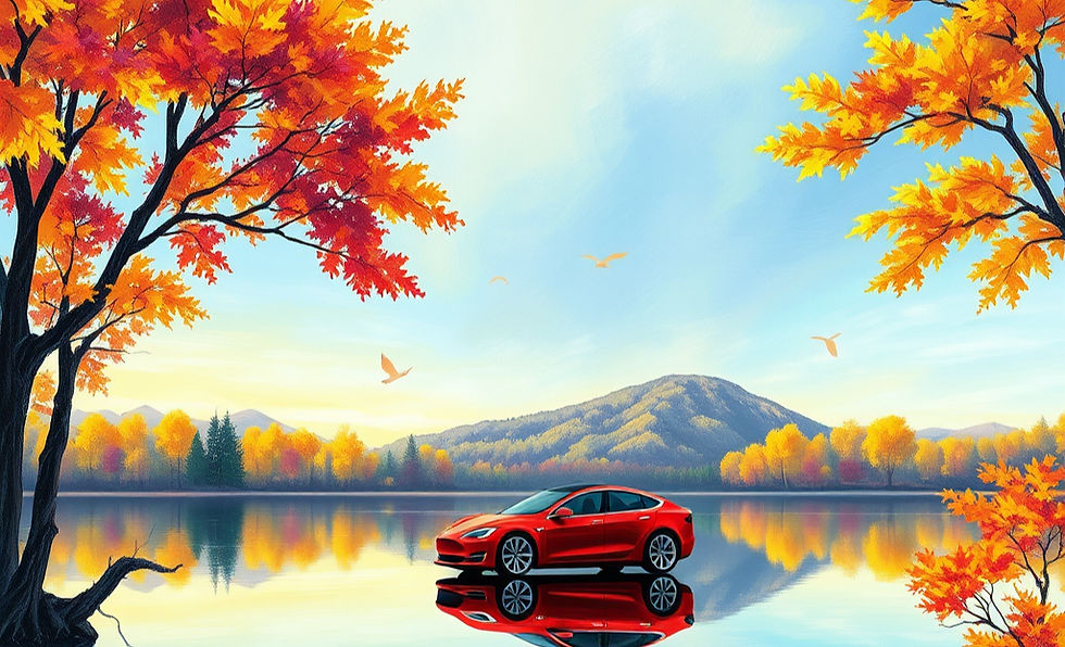 red Tesla by the dreamingly lake where starts in yellow, purple, blue green color reflecti
