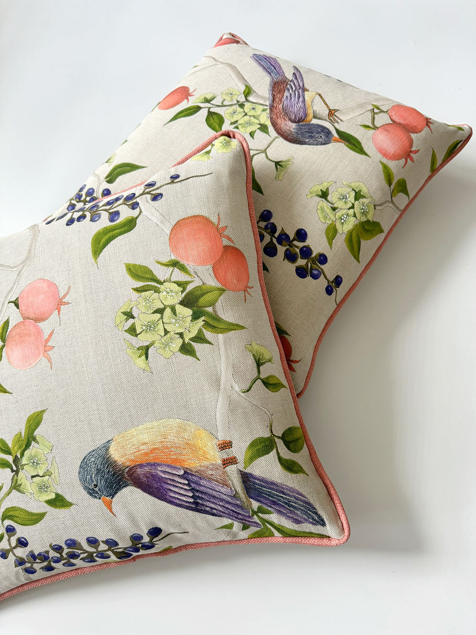 Thumbnail: hand-painted cushion with pomegranate and bird design.