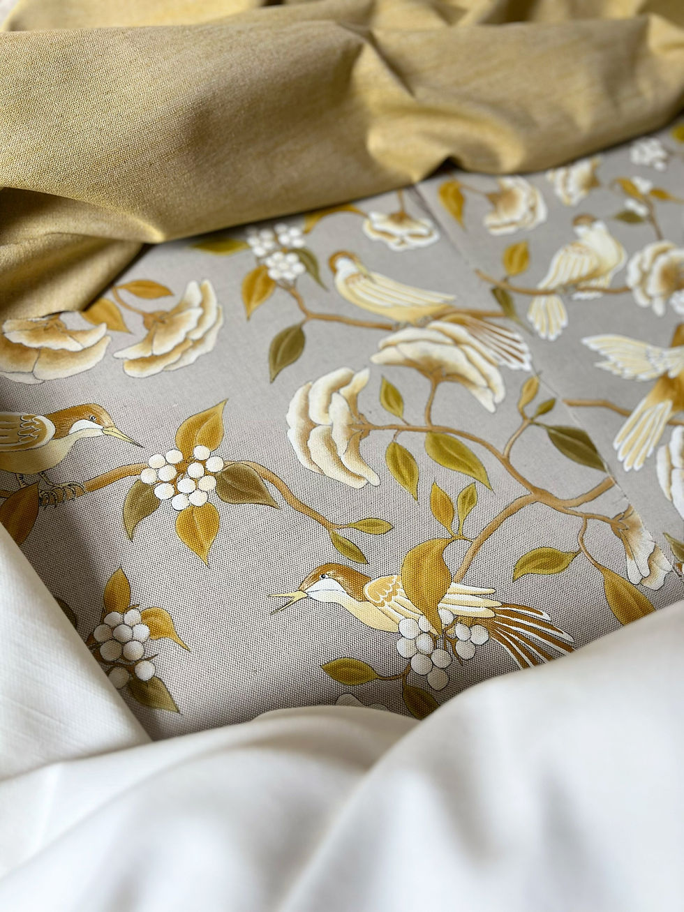 Thumbnail: hand-painted cushion with white berries and yellow/gold bird design