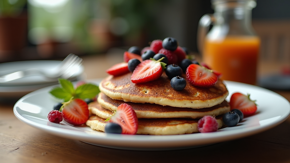 Eye-level view of a plate of chocolate chip pancakes topped with fresh fruit