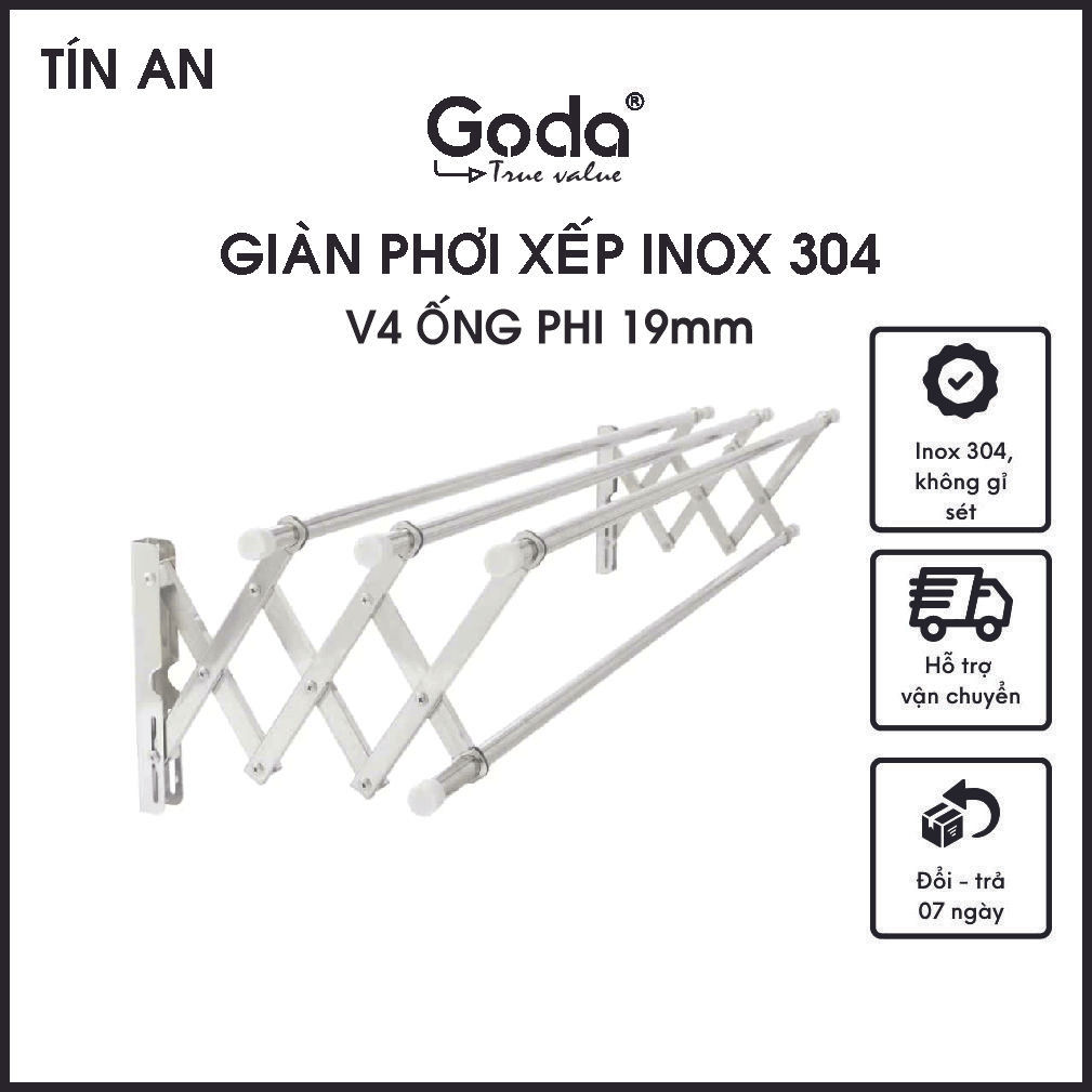 Giàn phơi xếp ống 19mm inox 304 cao cấp Goda loại mới (4 ống)
