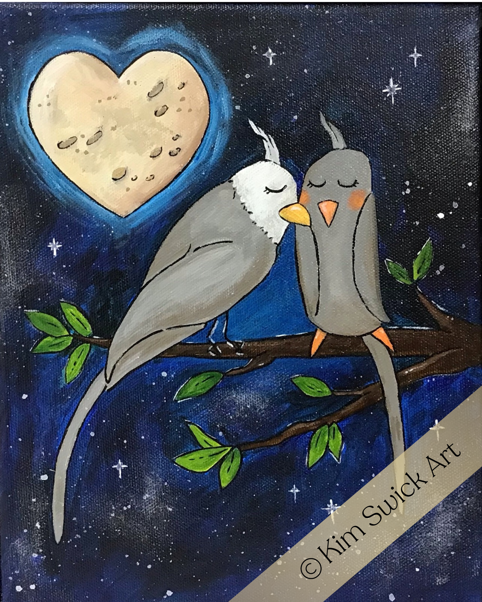 Two cockatiels together under a heart shaped moon