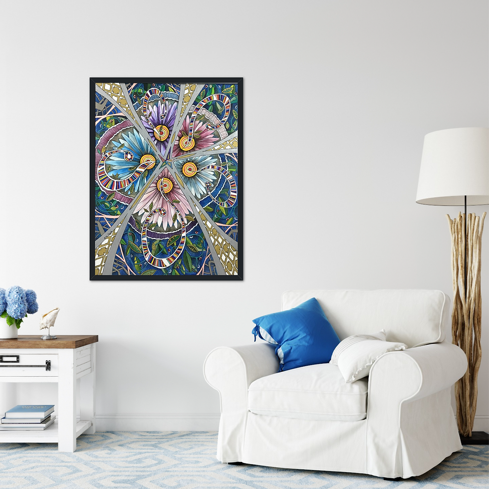 Abstract art with flowers, lines, and lot of color