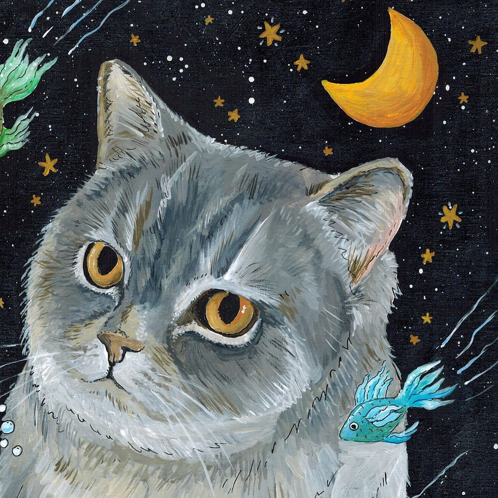 Thumbnail: Kitty in space with fish, a moon and bubbles