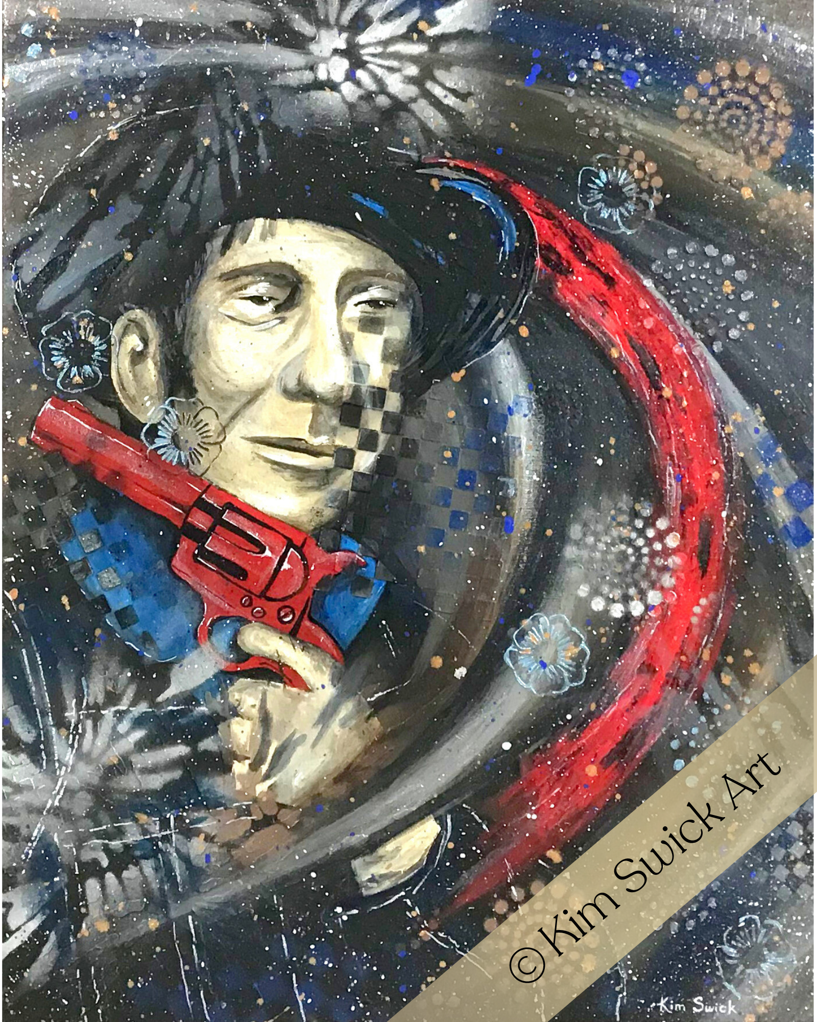 cowboy holding red revolver portrait