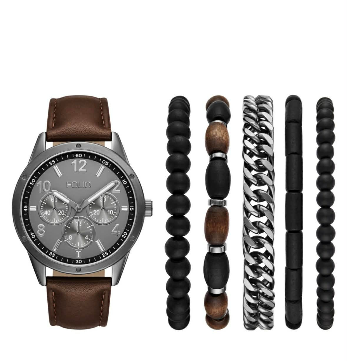 Folio Mens Chronograph Brown Leather Strap Watch And Bracelet Set