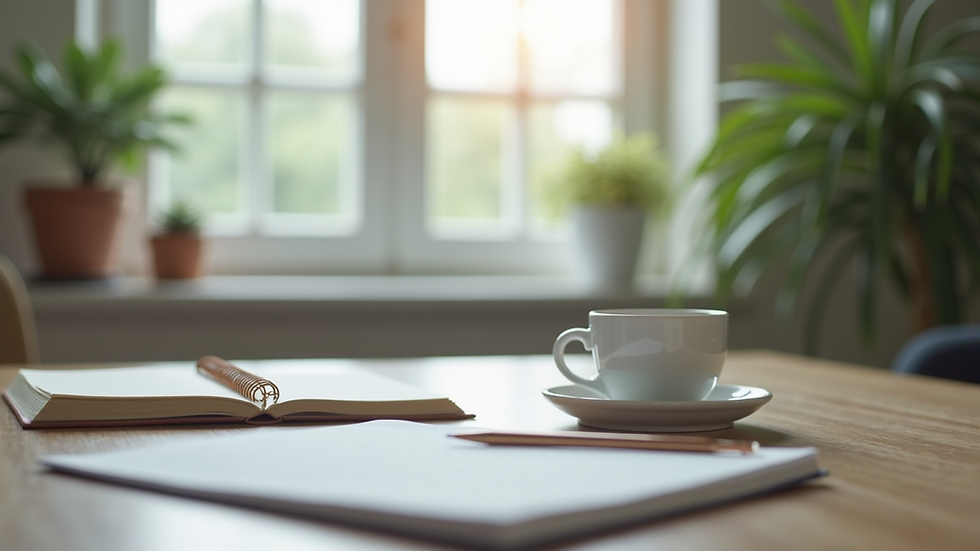 Close-up view of a therapist’s desk with a notebook, pen, and calming decor