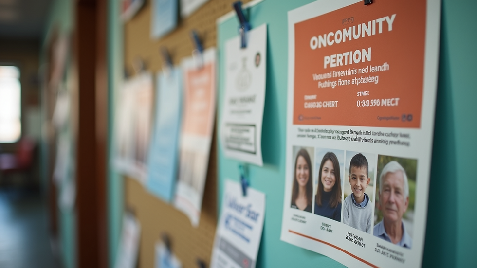 Close-up view of a community centre bulletin board with inclusive event flyers
