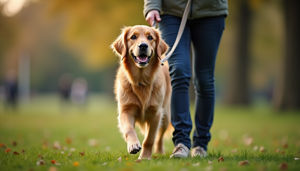 golden retriever being walked by dog walker