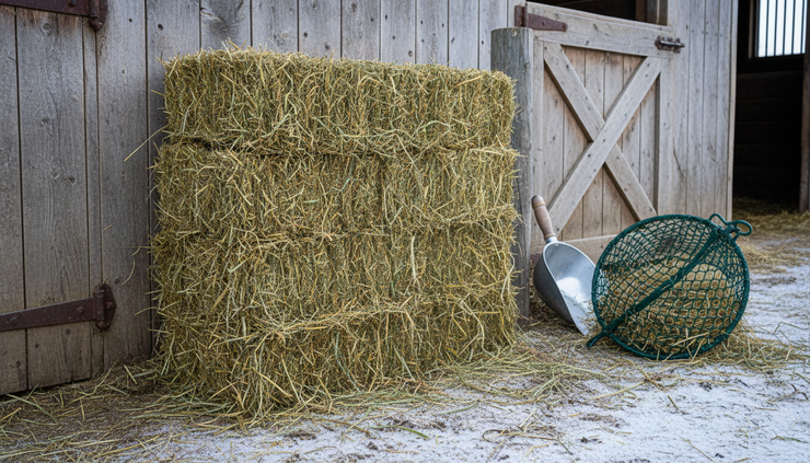 Close-up view of clean hay flakes stacked beside a feed room door.
