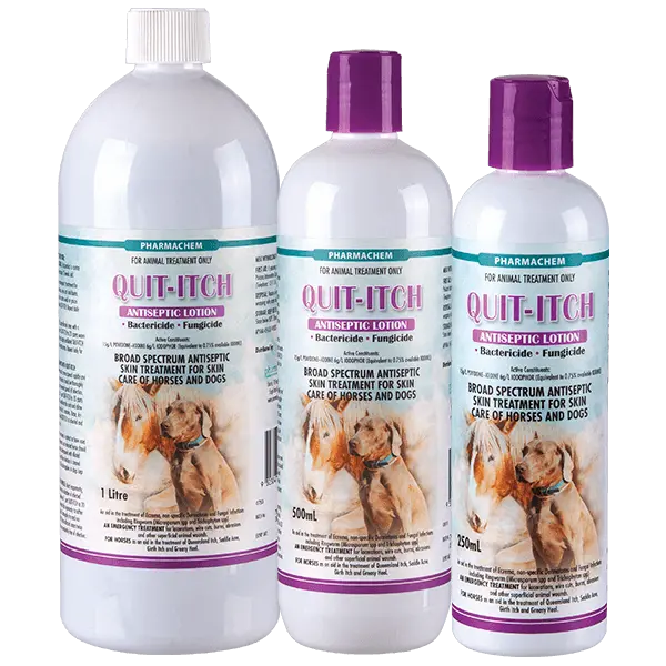 Three Quit-Itch topical treatment bottles for pets