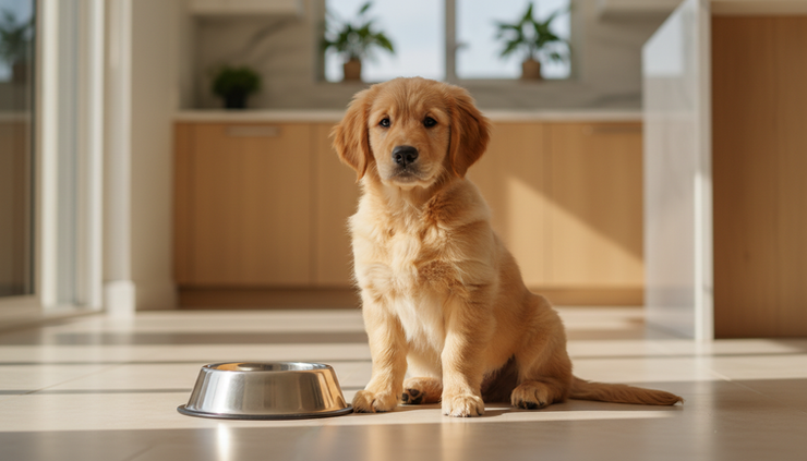 Eye-level view of a young puppy sitting beside a food bowl in a bright kitchen
