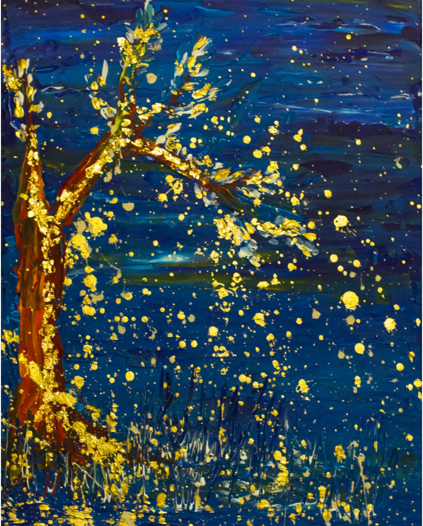Image of Enchanted Wood, an acrylic painting of a tree at night, with flecks of golden paint and a rich, dark blue background by artist Emma Rigarlsford, Joyous Misfit.