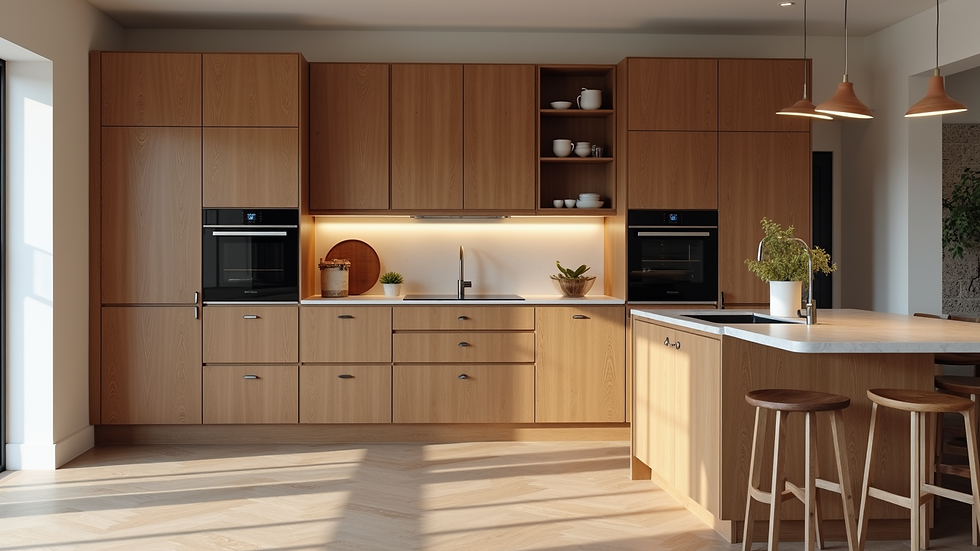 High angle view of a luxury kitchen with bespoke wooden cabinetry and integrated appliances