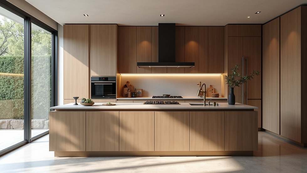 Eye-level view of a modern bespoke kitchen with custom cabinetry and island