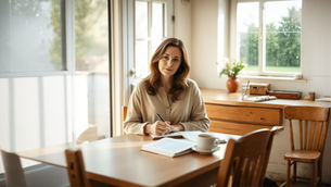 Midlife woman journaling with a warm drink in soft morning light, reflecting on burnout, ADHD, and finding steadiness again.