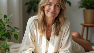 Midlife woman reflecting quietly by a sunlit window, symbolizing ADHD masking and emotional fatigue.