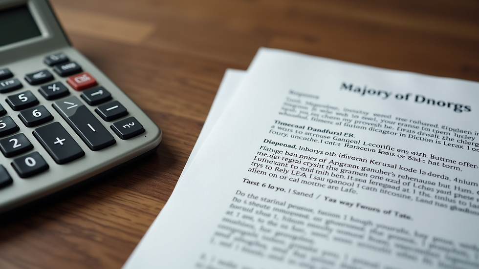 High angle view of a calculator and legal papers on a wooden table