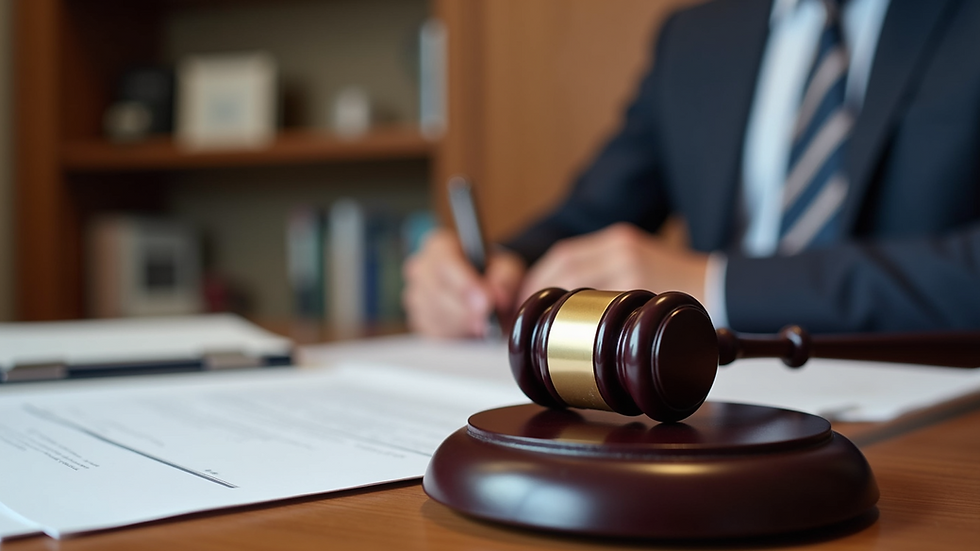 Eye-level view of a law office desk with legal documents and a gavel
