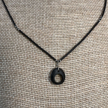 Unique Black River Stone & Antique French Sterling Silver Bead Necklace 16"
