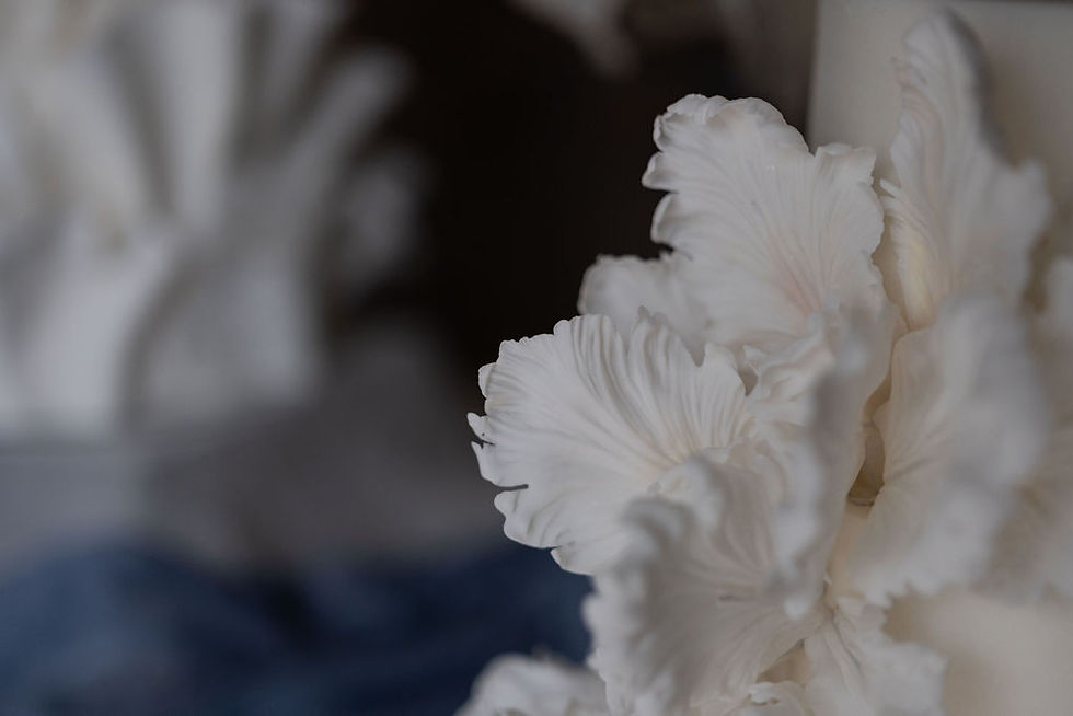 Delicate close-up of handcrafted sugar petals by Copper Rose Wedding Cakes, showcasing fine veining and soft, elegant detailing