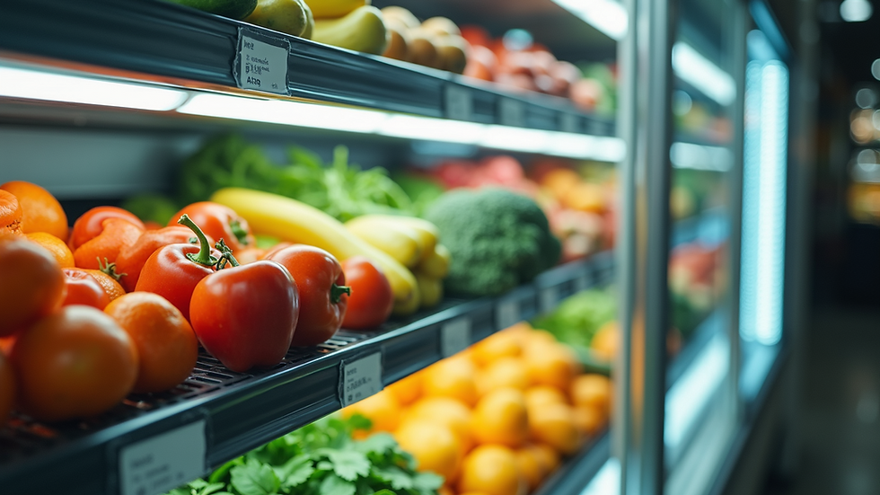 Close-up view of a commercial refrigerator interior with fresh produce