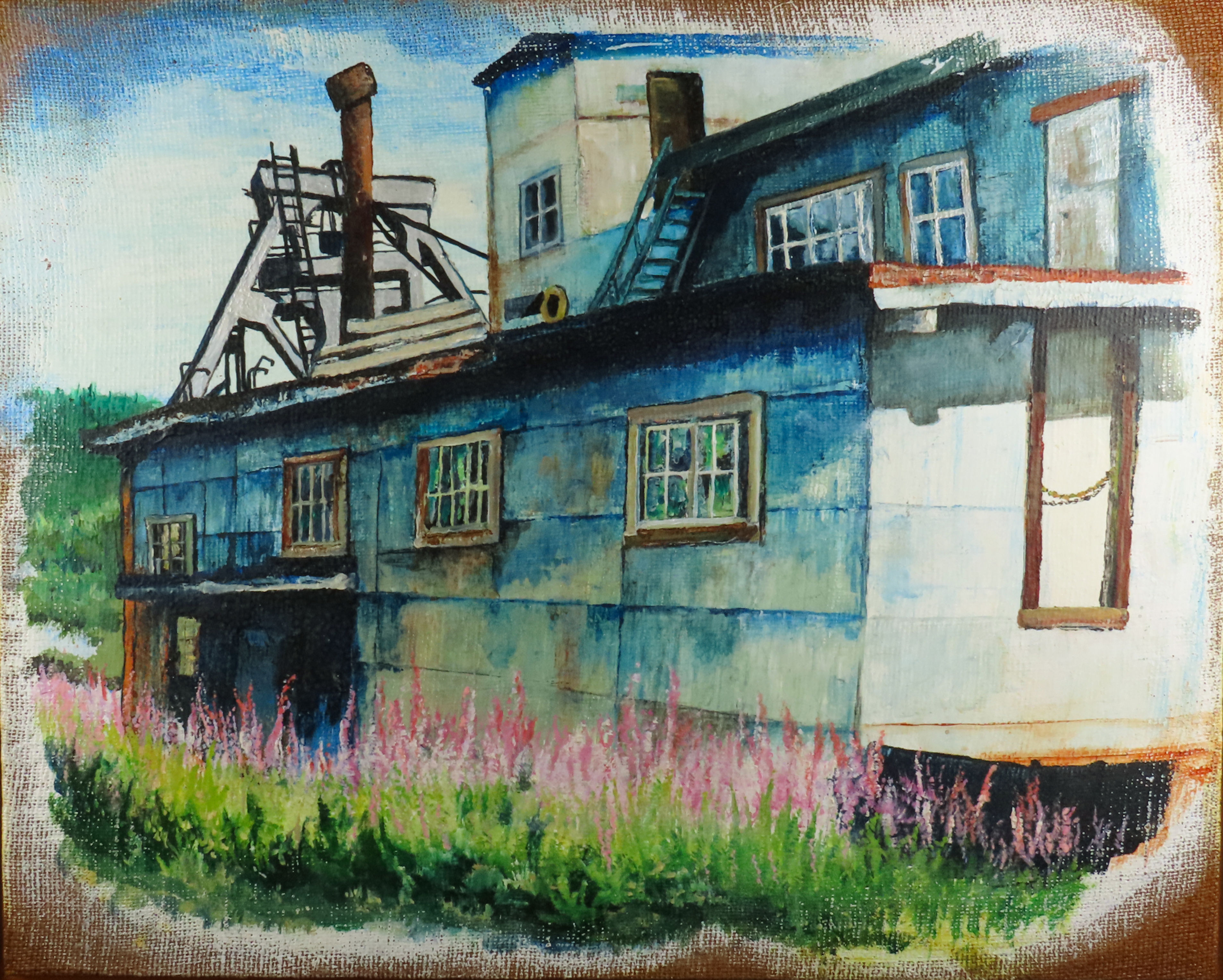 Oil painting of the side of the Pedro Dredge in Chicken, Alaska.