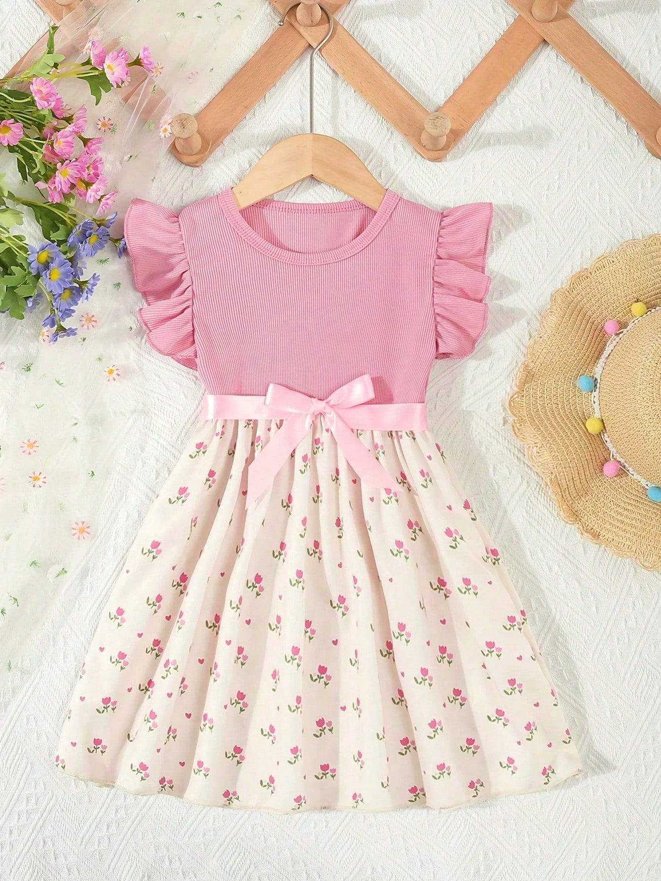 Girls Floral Summer Dress with Flutter Sleeves & Bow Belt