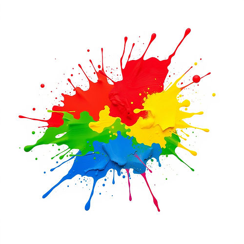 bright splash of primary colours, red, green, blue and yellow with a white backround make