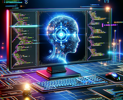 High-tech web design with AI elements, illustrating intelligent automation, responsive layouts, and dynamic user engagement features.