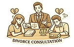 Independent legal advice icon showing lawyer consulting separating couple with divorce documents, representing enforceable separation agreements, legal review, and family law protection in Alberta