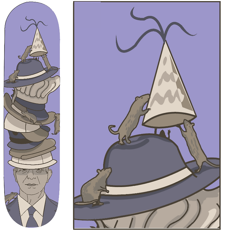 Rat Race art, Businesss man art, Party art, Skaeboarding illustration