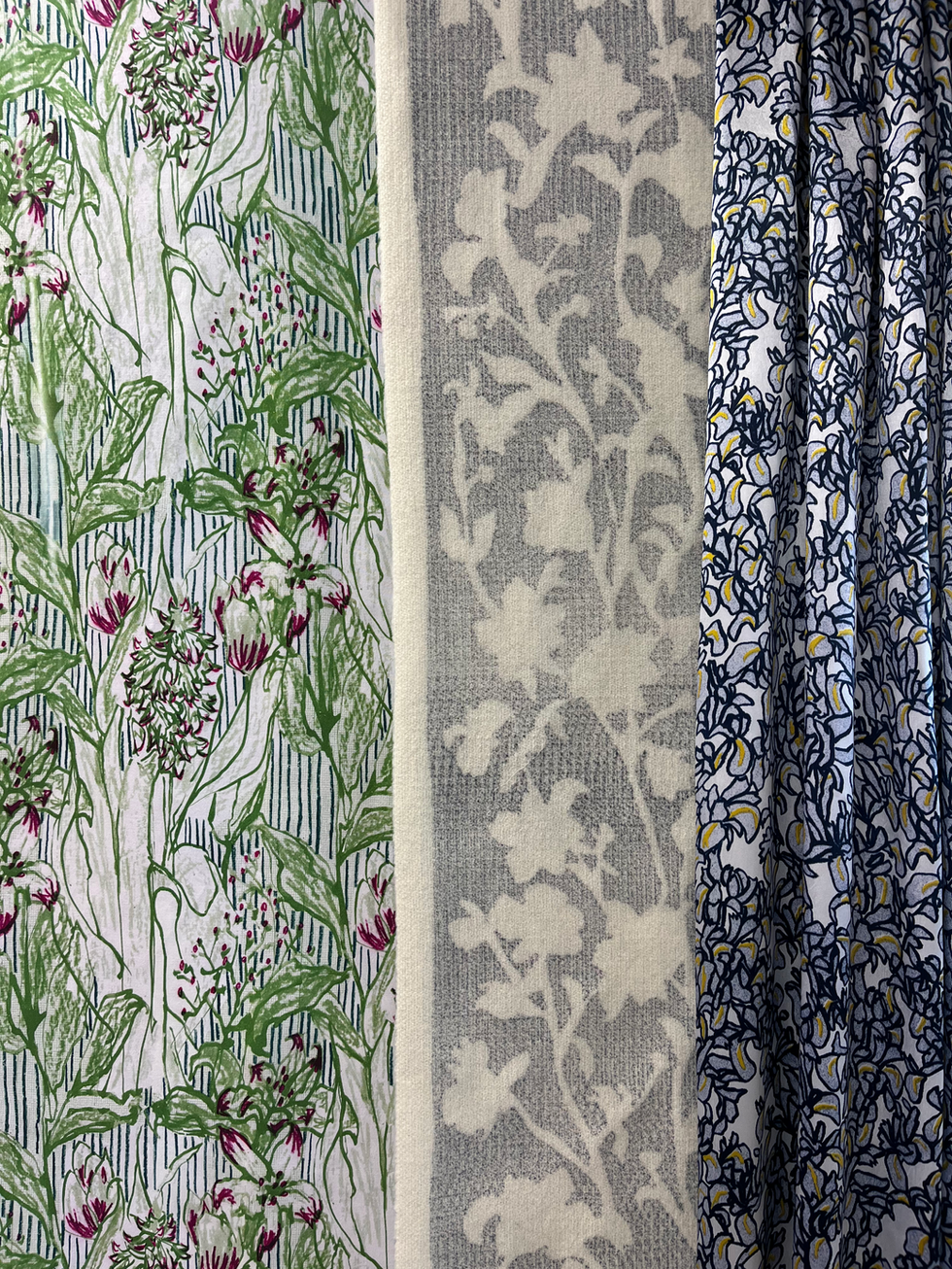Digital fabric printing, needle punch embellishing and screen printed devoré