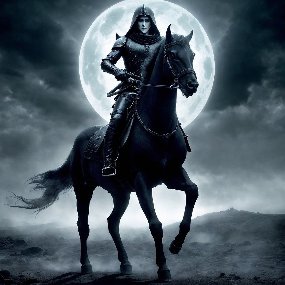 Pale rider on black horse, desolate land, in front of moon