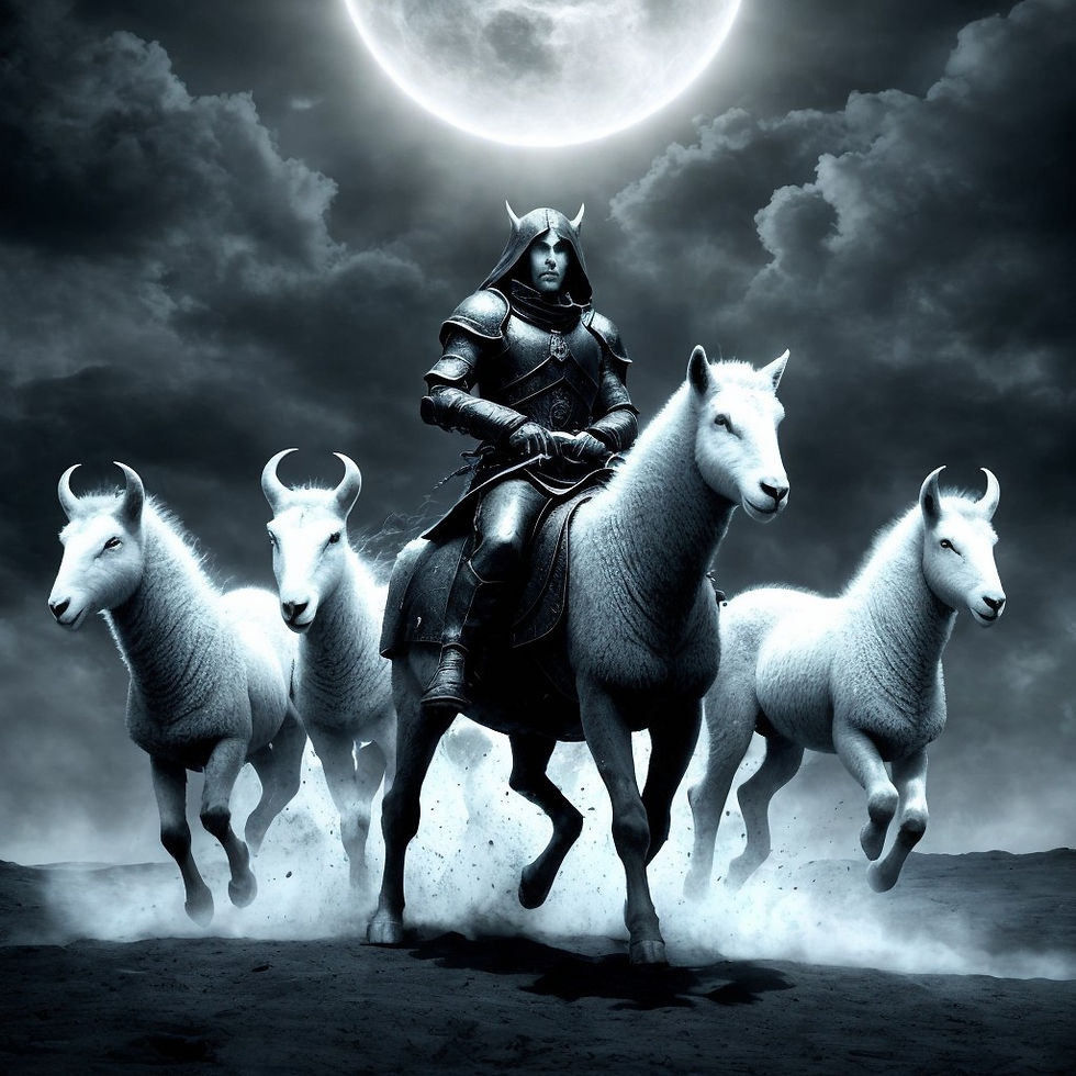 Dark rider riding lamb, three lambs with horns surrounding the rider, moon parting clouds above