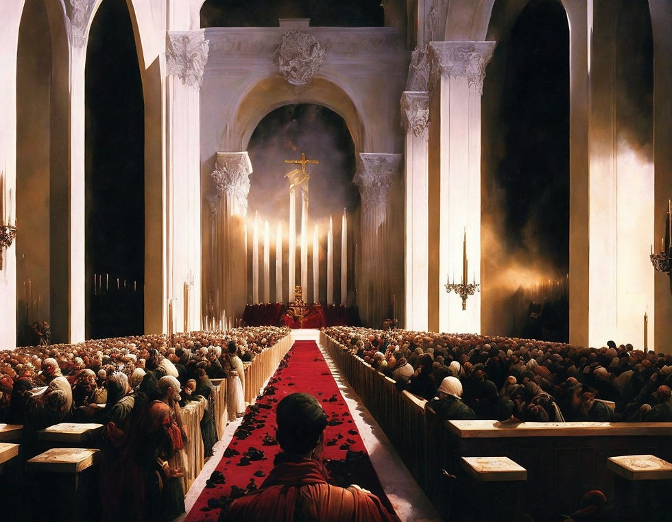 Mass in an open cathedral, surrounded by destruction