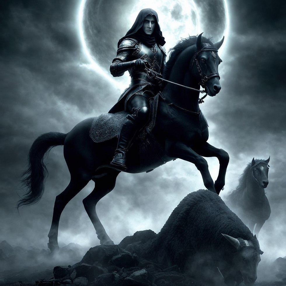 Black horse and rider, in front of moon and mist, second black horse standing behind in distance