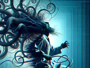 Surreal figure with wild swirling hair in a blue abstract scene, reaching forward with a claw-like hand.